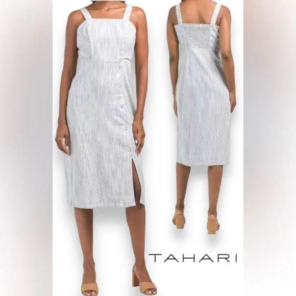 Tahari | Dresses | Size 8 New Tahari Linen Strappy Button Closure Stretch Striped Midi Dress | Poshmark Tahari | Dresses | Size 8 New Tahari Linen Strappy Button Closure Stretch Striped Midi Dress | Poshmark